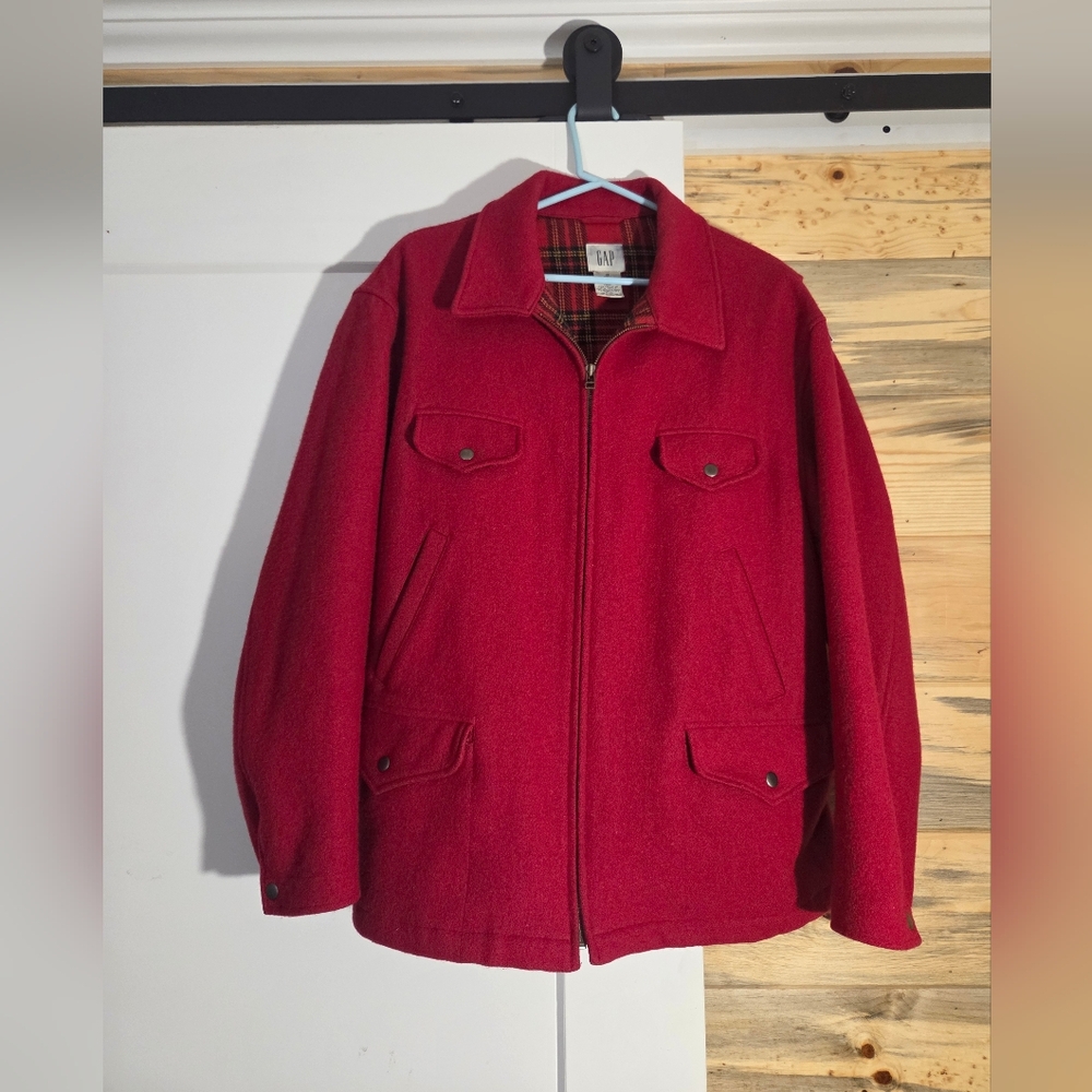 Vintage Plaid Lined Gap Jacket Red Wool Full Zip Multi-Pockets Hunting Chore Coa